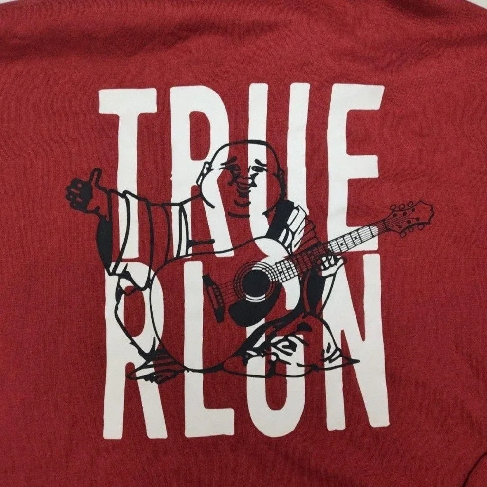 True Religion Hoodie Mens L Red Full Zip Hooded Graphic Fleece Buddha Back